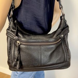 Brighton Black Pebbled Leather Zip Top Shoulder Bag Purse Tassel Handbag Boho